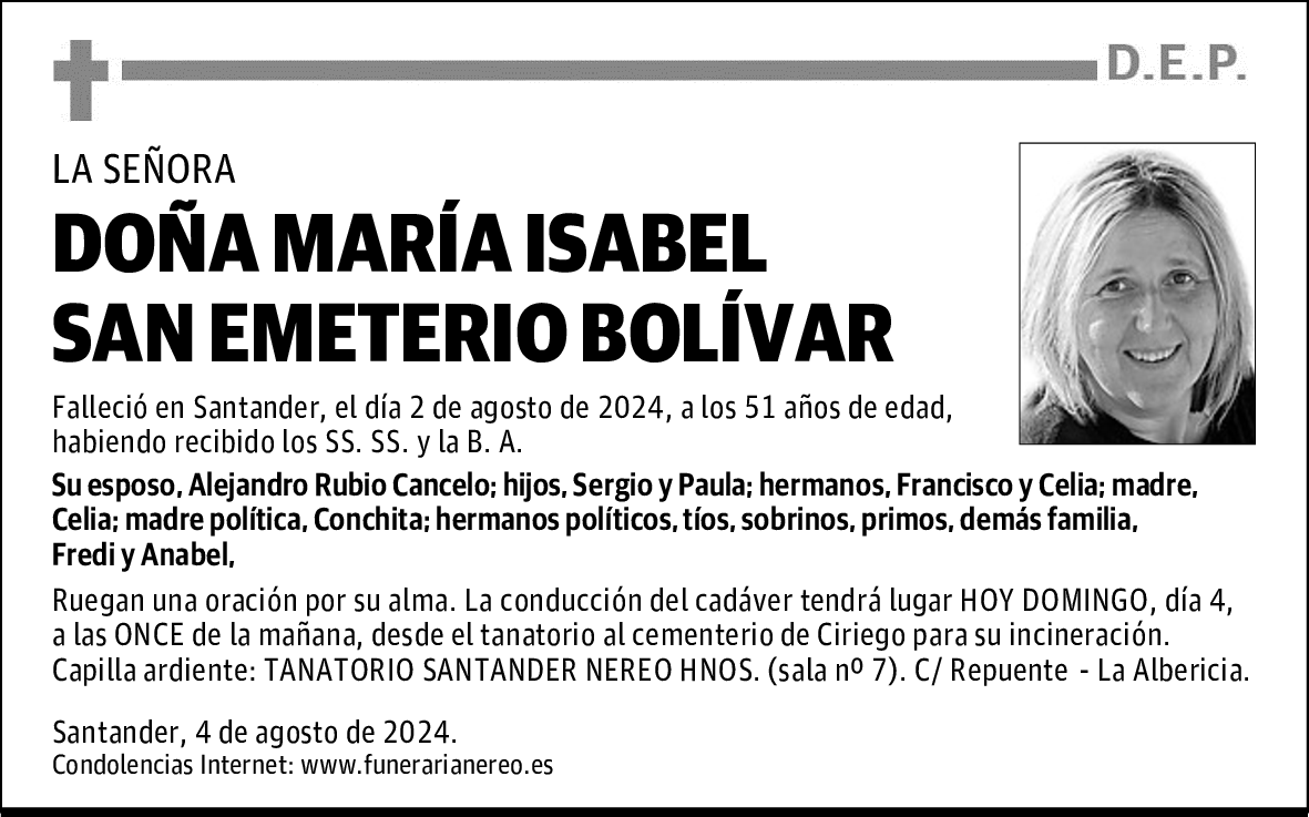 DOÑA MARÍA ISABEL SAN EMETERIO BOLÍVAR