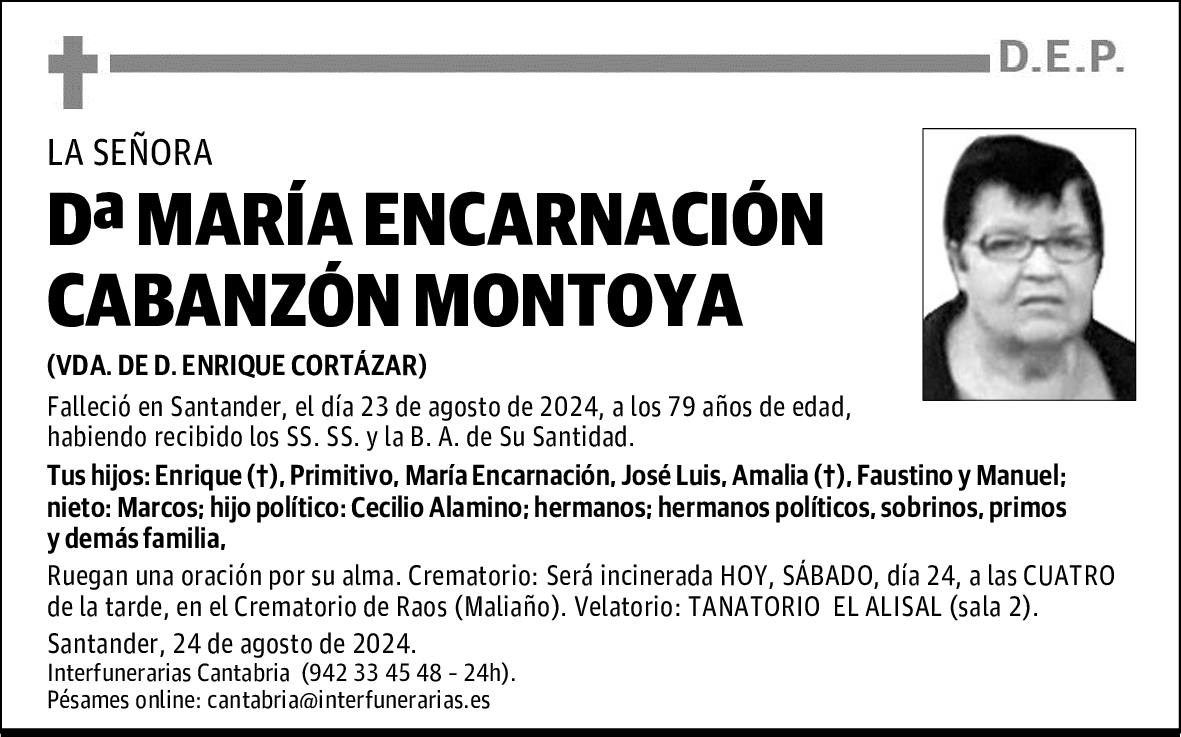 DOÑA MARÍA ENCARNACIÓN CABANZÓN MONTOYA