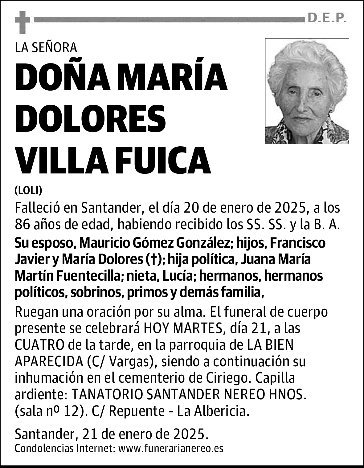 DOÑA MARÍA DOLORES VILLA FUICA