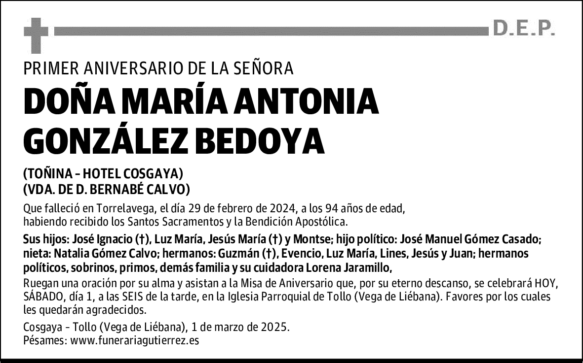 DOÑA MARÍA ANTONIA GONZÁLEZ BEDOYA