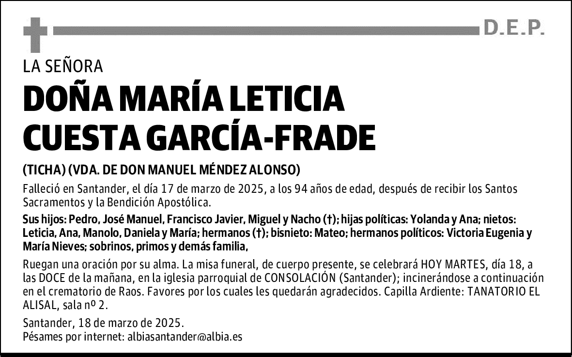 DOÑA MARÍA LETICIA CUESTA GARCÍA-FRADE