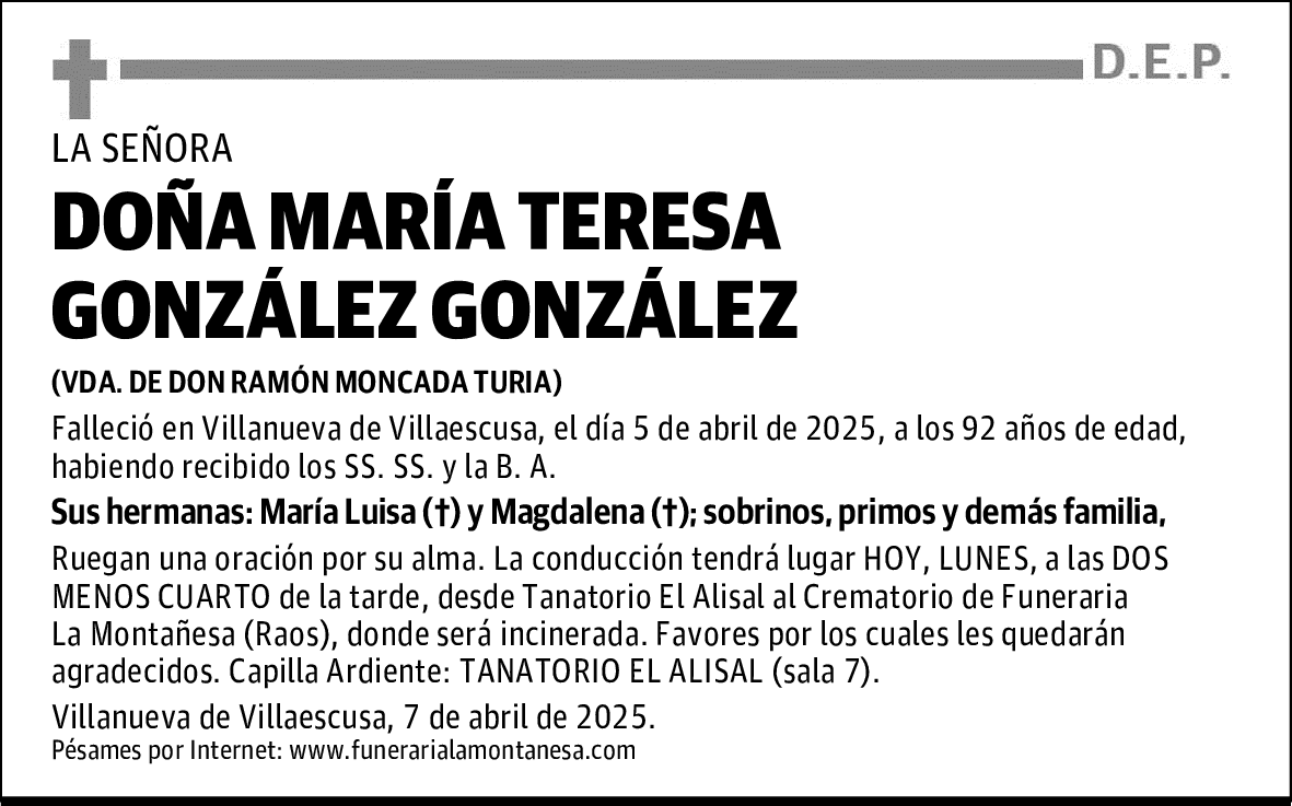 DOÑA MARÍA TERESA GONZÁLEZ GONZÁLEZ