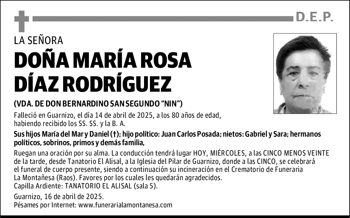 DOÑA MARÍA ROSA DÍAZ RODRÍGUEZ