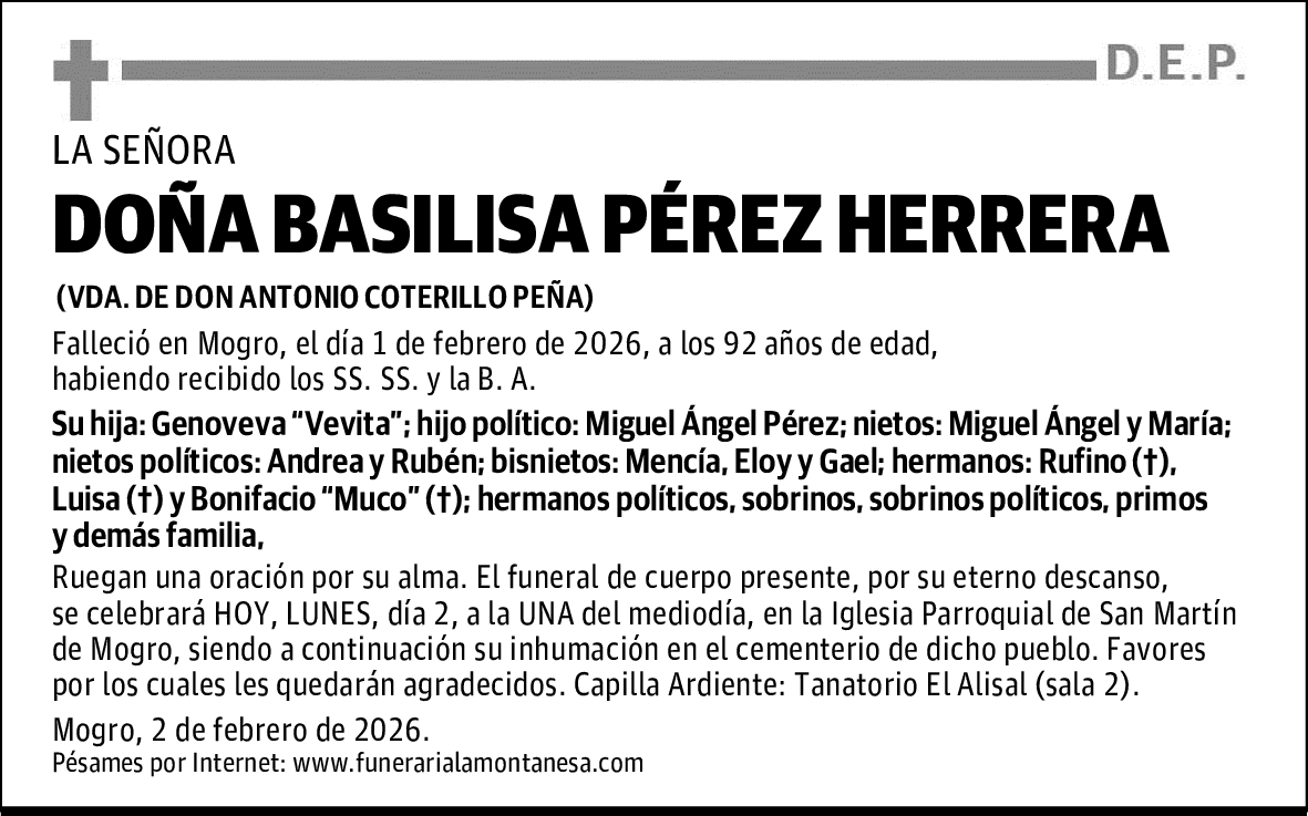 DOÑA BASILISA PÉREZ HERRERA